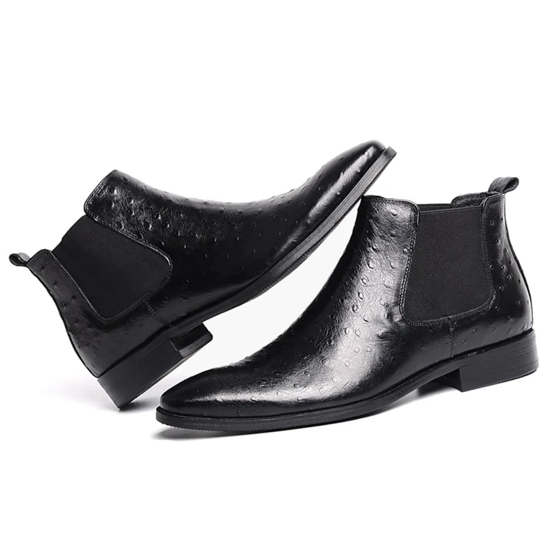

New Arrival Genuine Leather Men Handmade Formal Ankle Boots Pointed Toe Man Chelsea Cowboy Riding Ostrich Pattern Shoes YNX827