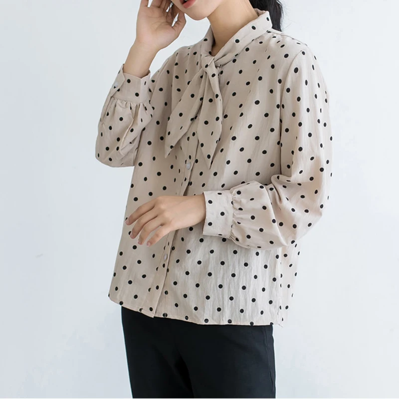 BGTEEVER Casual Bow Collar Dots Print Women Shirts Full Sleeve Single-breasted Female Shirt Blouses 2019 Tops Femme | Женская одежда