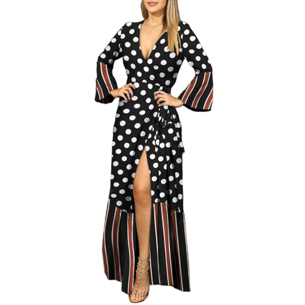

VICABO Fashion Sexy Women Dress Deep V Neck Long Flare Sleeve Lace Up Maxi Dress Oversize Printed Split Party Dresses