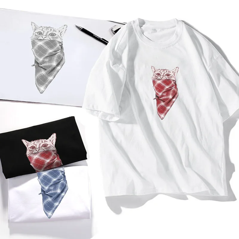 2019 летняя футболка с забавным принтом кошка в маске Женская свободная коротким