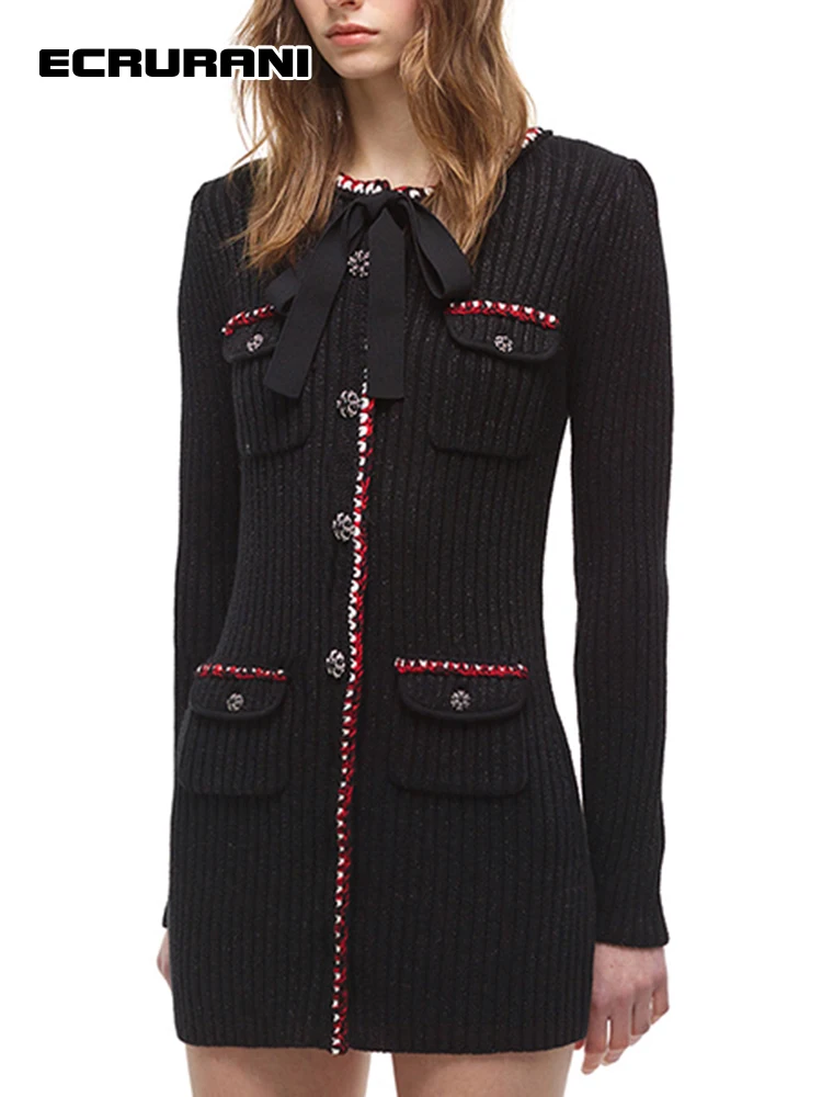 

ECRURANI темпераментное Черное Трикотажное мини-платье для женщин с круглым вырезом и длинным рукавом на шнуровке с бантом платье с цветными бл...