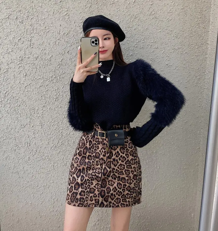 

Spring Autumn Womens Half-High Neck Puff Sleeve Knitting Sweater Lady Artificial Mink Fashion Furry Knitwear Tops s735