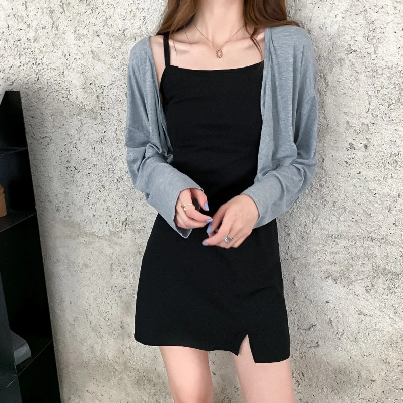 

2021spring/Summer New French Style Scheming Little Black Dress Slim Fit Slimming Slit Suspender Dress Two-Piece Suit for Women