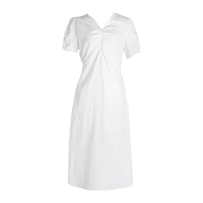 

Korean Chic French Style Girl Gentle Temperament Slimming Pleated Waist Tight Mid-Length A- line Puff Sleeve Dress Summer