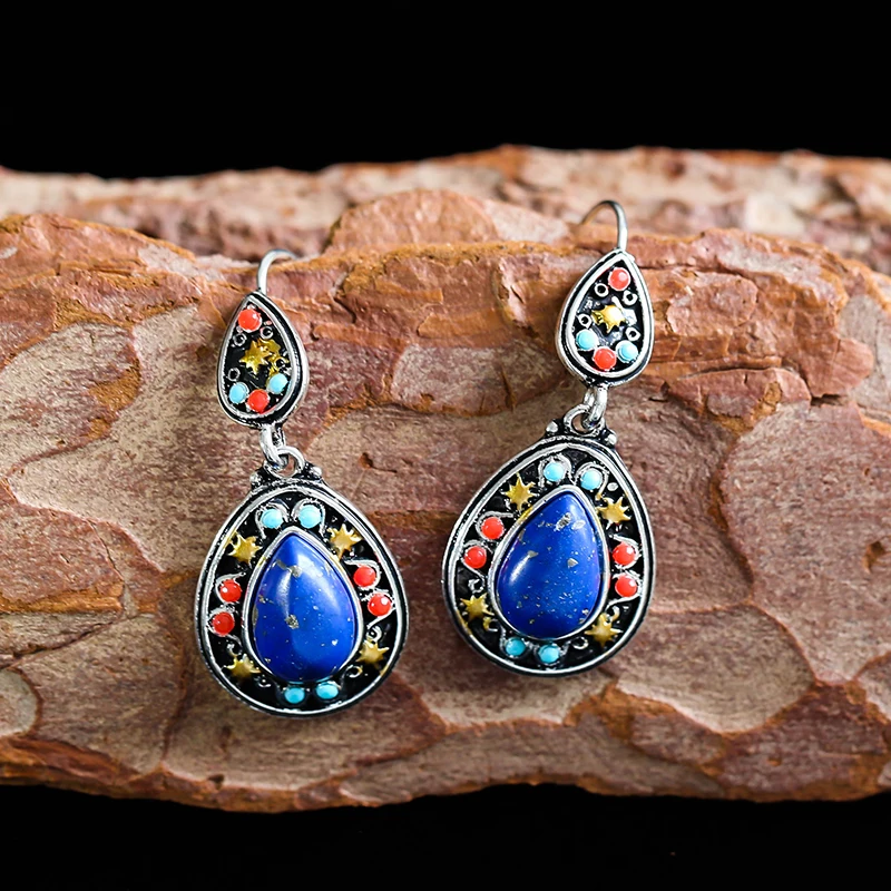 

Vintage Boho Multicolor Stone Inlaid Dangle Earrings For Women 2020 Water Drop Earrings Wedding Jewelry Gifts Wholesale D271