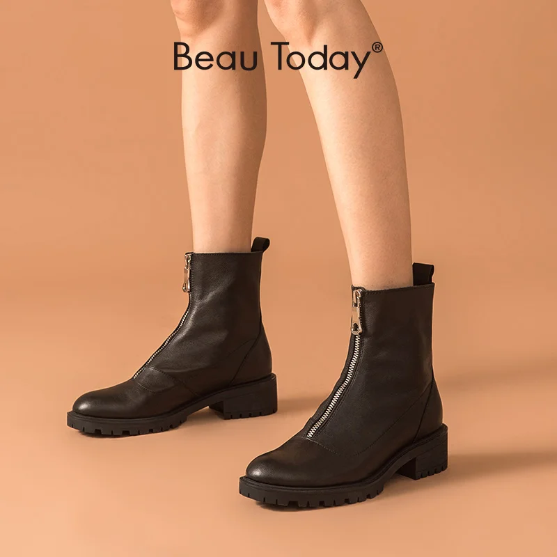 BeauToday/Модные ботильоны Женская обувь из телячьей кожи с круглым носком и молнией