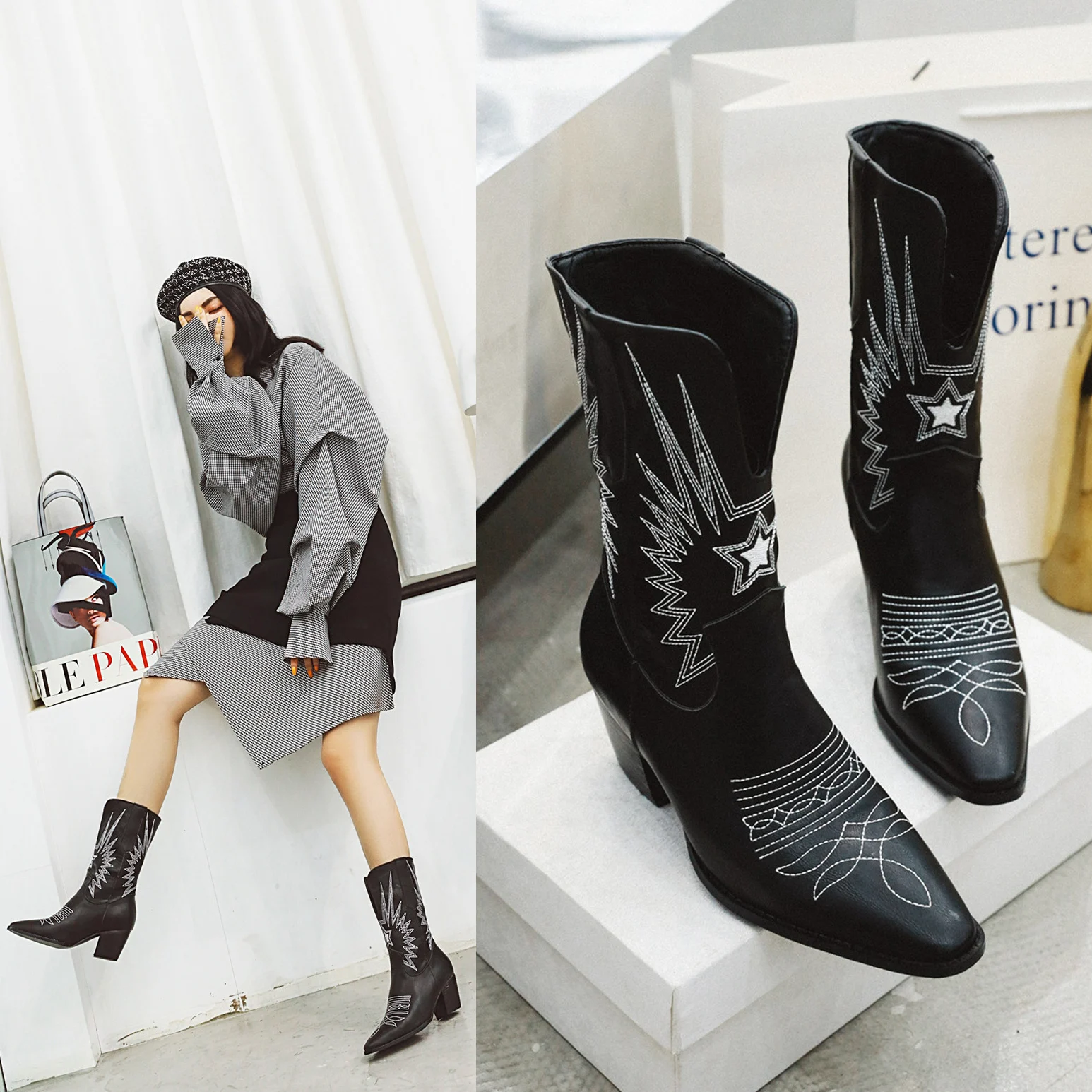 Модные тисненые женские кожаные ботильоны из микрофибры с острым носком