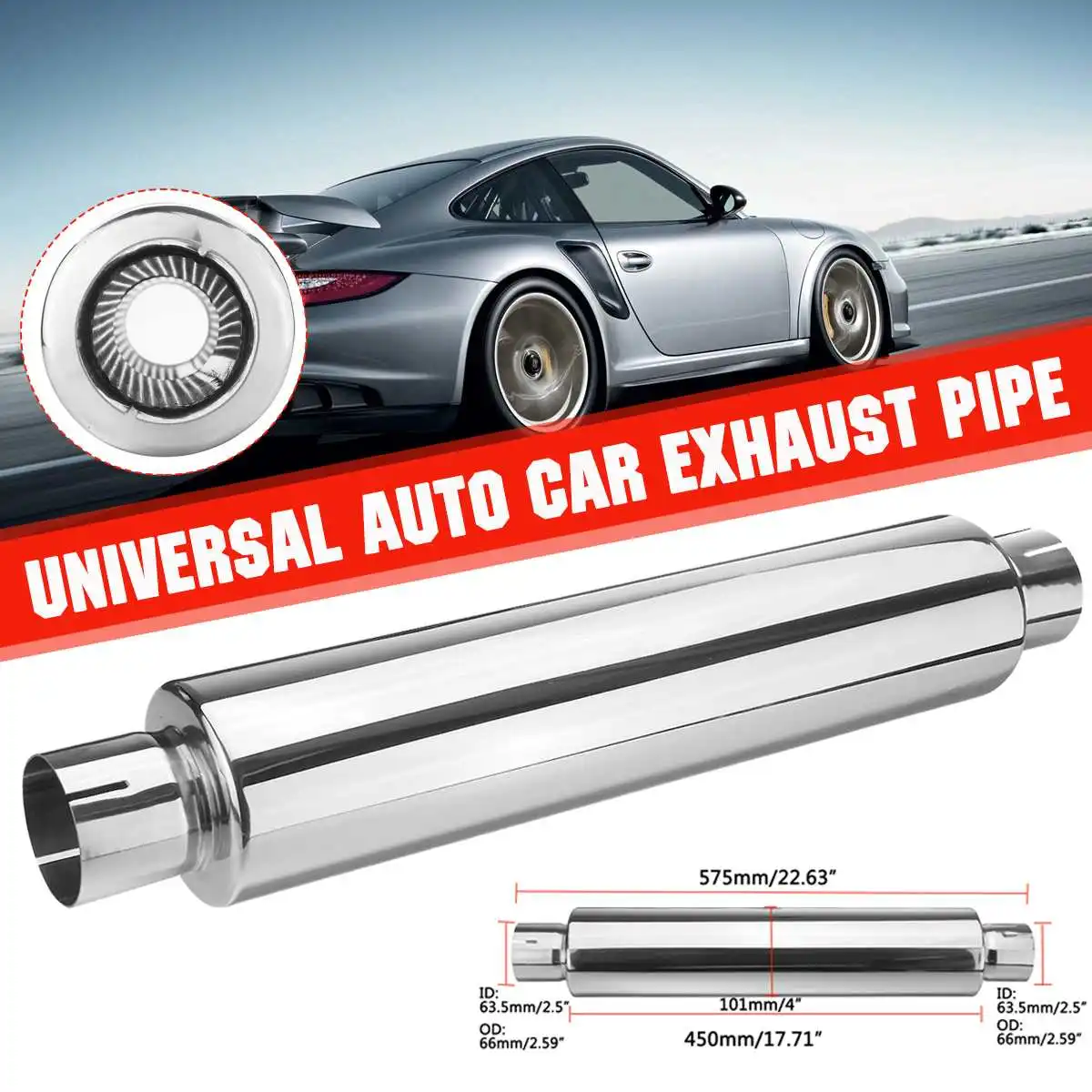 

Universal 63mm Stainless Steel Car Resonator Exhaust Muffler Pipe 2.5" Inlet 2.5" Outlet Exhaust Tip Pipe Chrome Tube