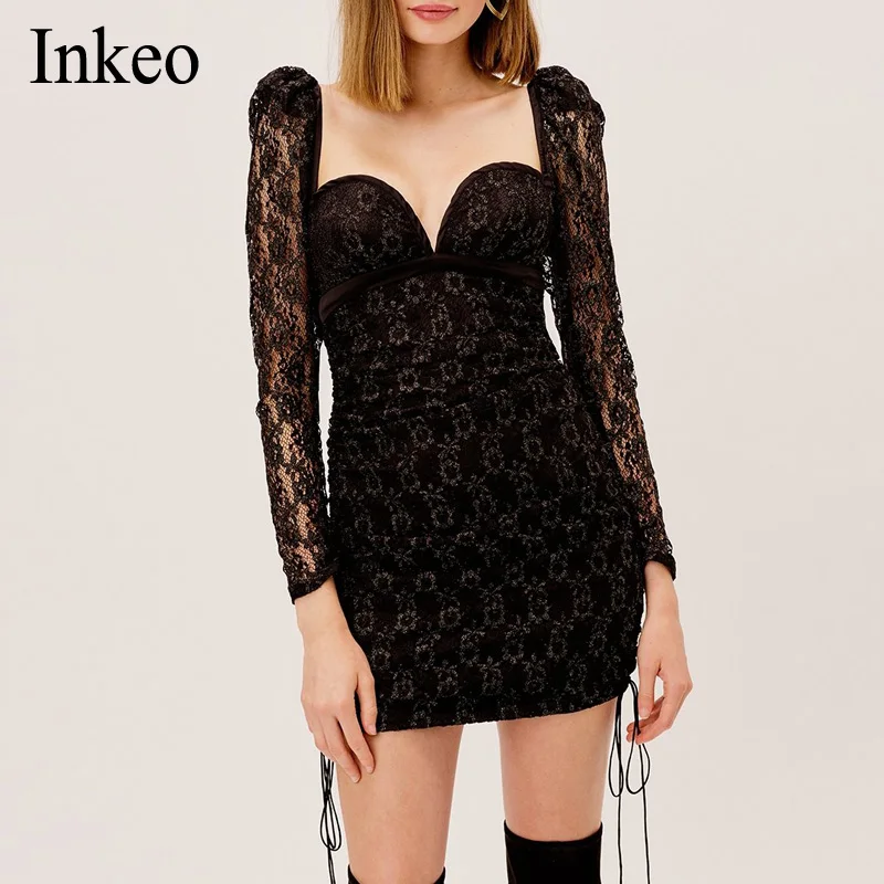 

Sexy Lace Square collar Dress Black 2021 Spring Summer Long sleeve Female slim Mini Dresses Sexy Party Vestidos Chic INKEO 9D320