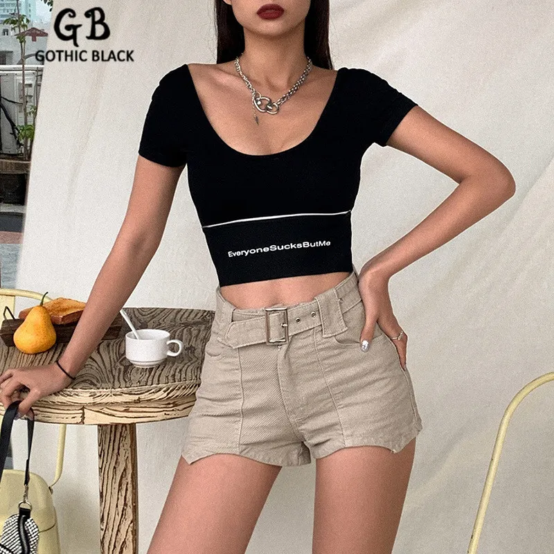 Женский облегающий Топ Gothblack короткий топ с о вырезом коротким рукавом и