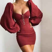 solid sexy long lantern sleeve mini dress women square collar backless elegant dresses front hasp bodycon vestidos 2021