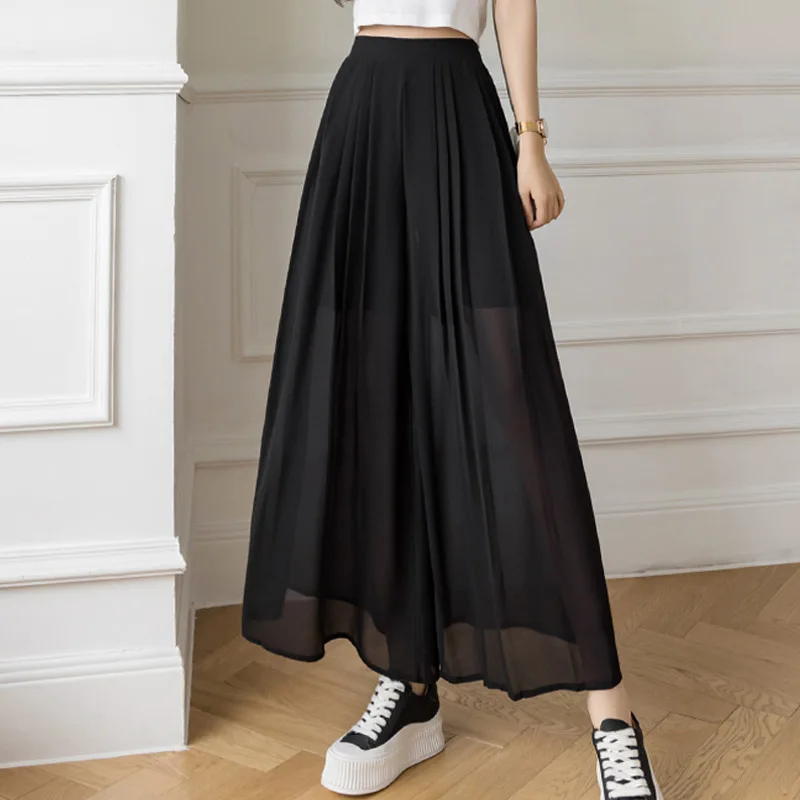 

Loose Fold Flared 9 Points Summer Wide Leg Chiffon Pleated Pants For Women Elastic High Waist Culottes Pants Women Trousers 2021