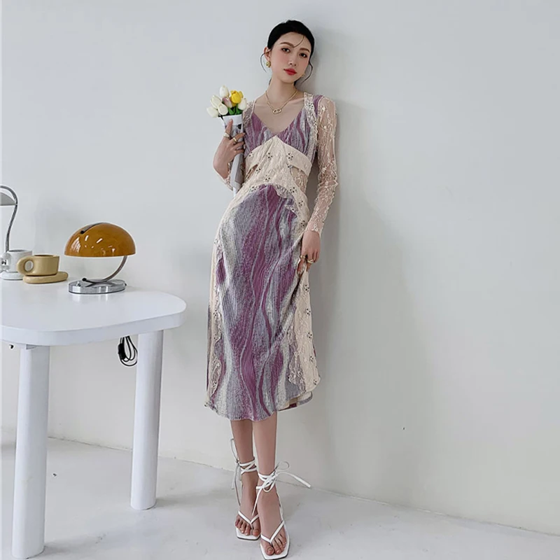 

Tea break French temperament first love long skirt retro design sense of minority gentle wind purple lace dress female summer
