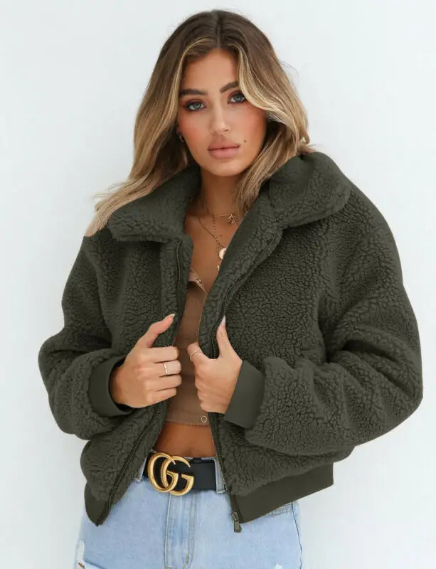 

Women's Camel Thick Jackets Warm Teddy Bear Pocket Fleece Jacket Coat Zip Up Outwear Overcoat Manteau de femme