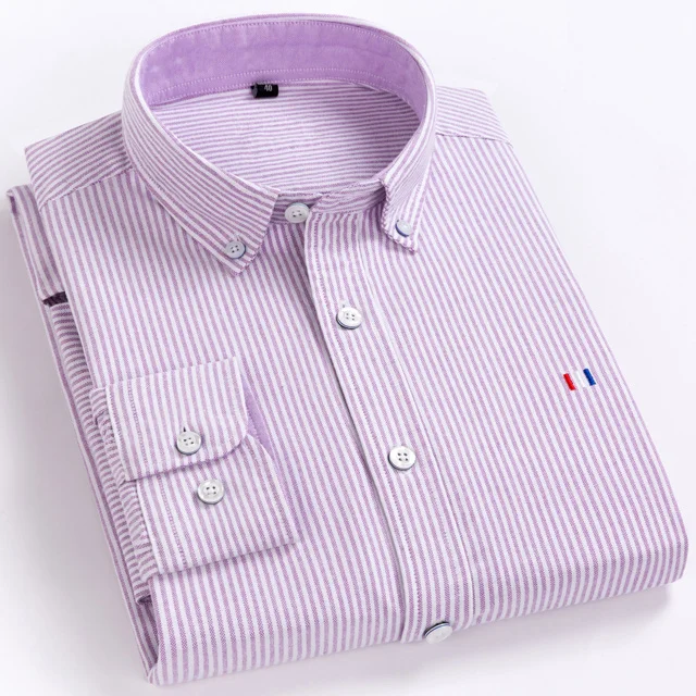 Purple Striped Мужские Оксфордские повседневные рубашки с длинными рукавами и пуговицами, мягкие футболки из натурального хлопка - Цвет: Purple Striped