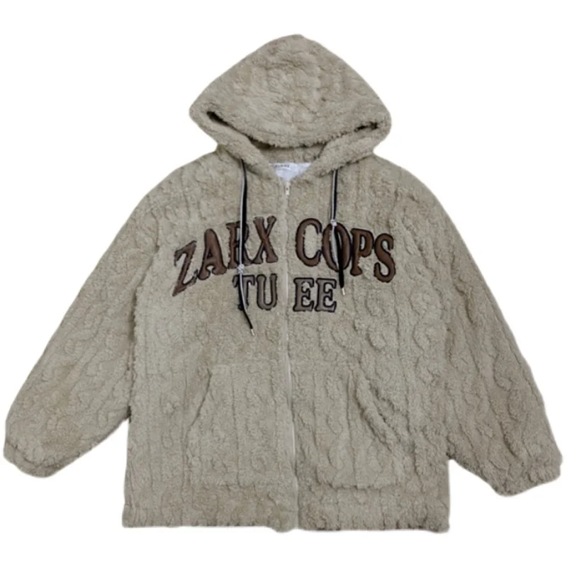 Women Hoodies Cottom Jacket American Embroidered Letter Hooded Thicken Plush Baseball Jacket Women's Winter Cotton Jacket