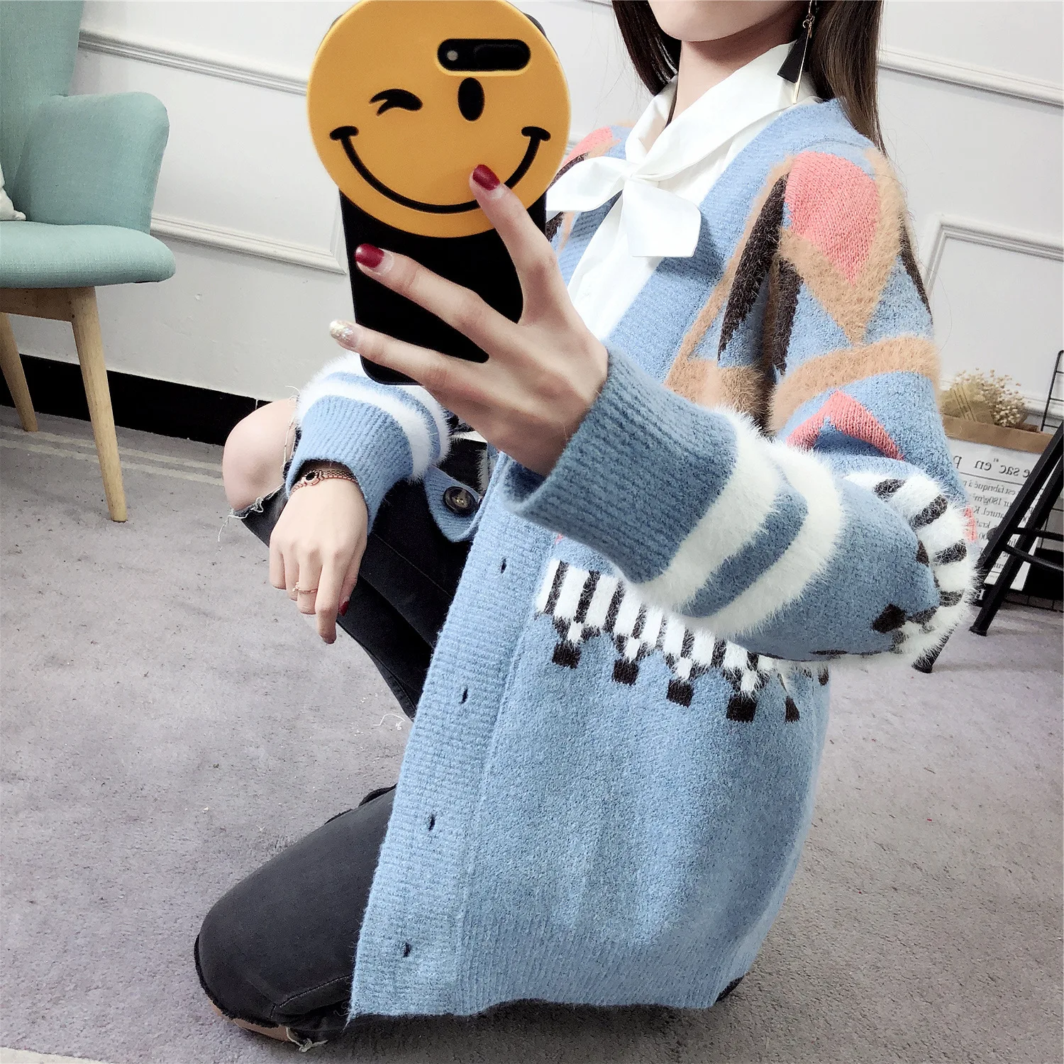 Кардиган Свитер Повседневный с v-образным вырезом пуговицами длинный кардиган