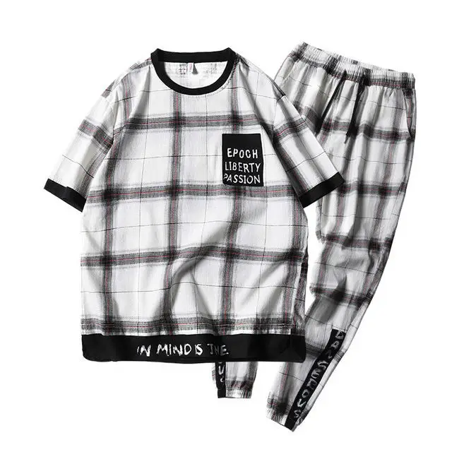 

2021 new plaid suit men's summer cotton and linen casual sports short sleeve pants set