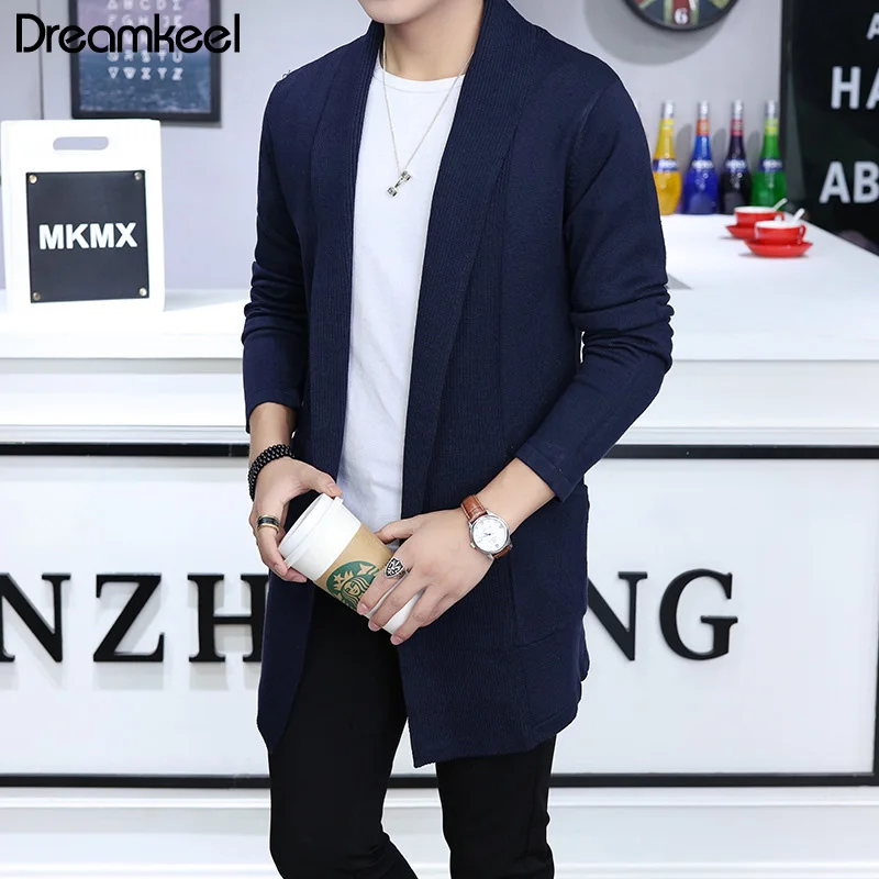 Мужской длинный вязаный кардиган Приталенный деловая Повседневная куртка из