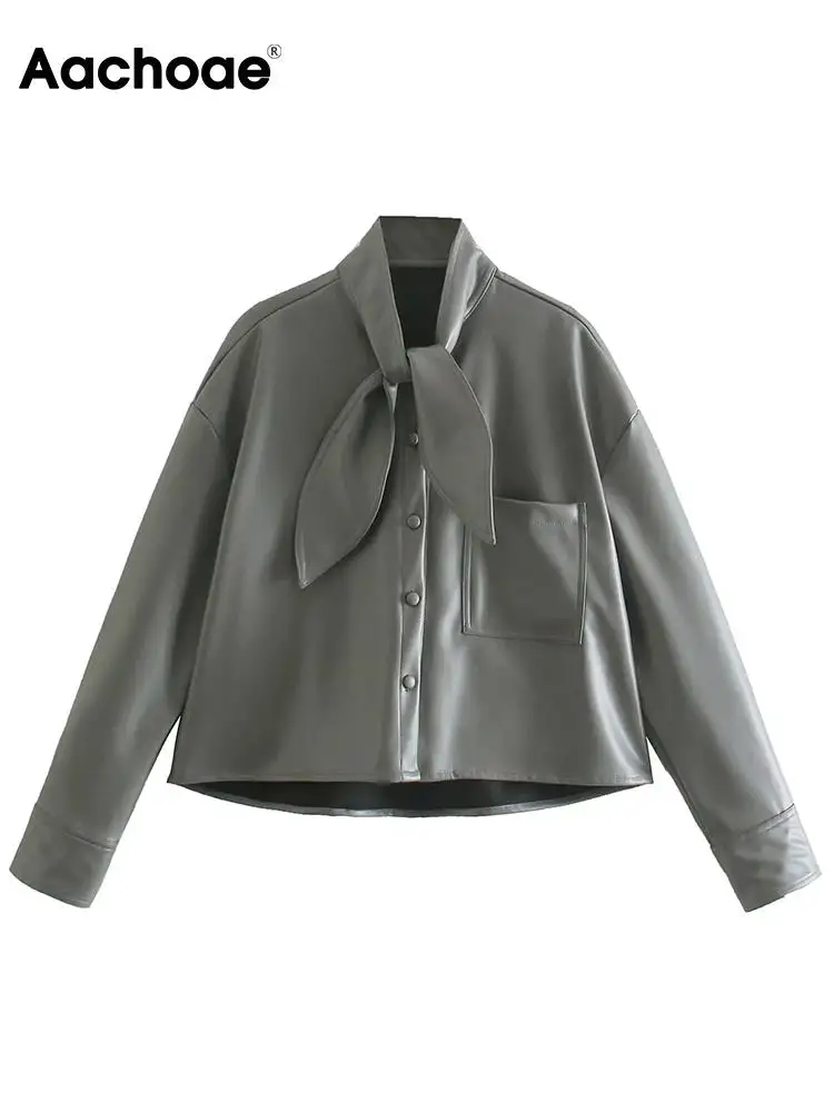 

Aachoae Solid Color Pu Faux Leather Blouses Shirts Women Bow Tie Long Sleeve Shirts Tops With Pockets Female Fashion Chic Tops