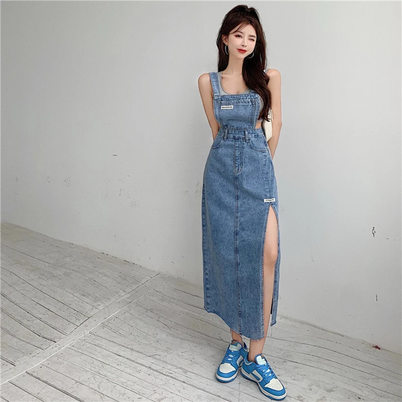 

Summer Trend Label Suspender Skirt Retro Ripped Denim Skirt Spaghetti Strap Sexy Split Long Skirt Women Sundress Girl Streetwear