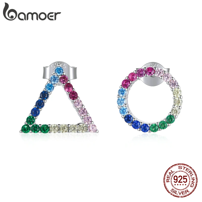 

bamoer Geometric Silver Earrings Real 925 Sterling Silver Asymmetric Rainbow CZ Stud Earring for Women Fine Jewelry BSE482