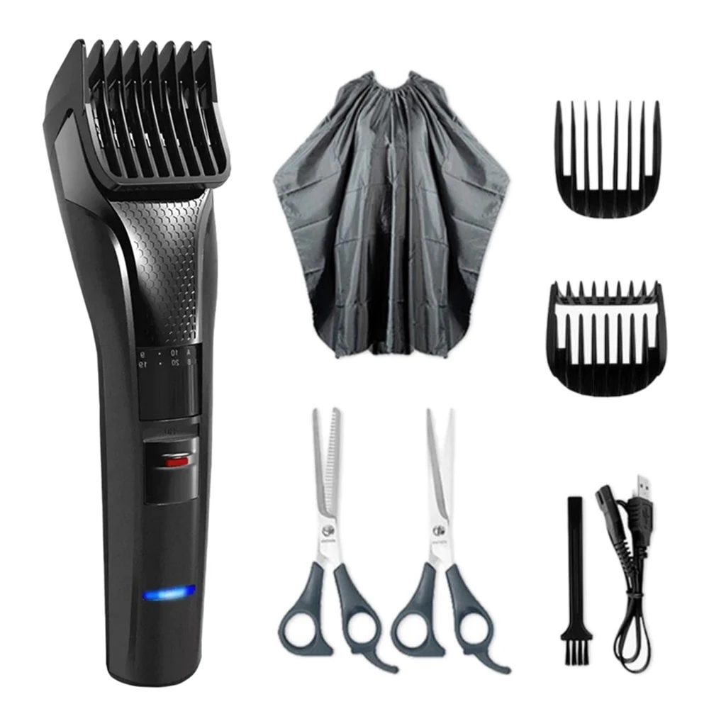 

USB Rechargeable Hair Trimmer Clipper Hairdresser Cape Cloth Guide Combs Kit