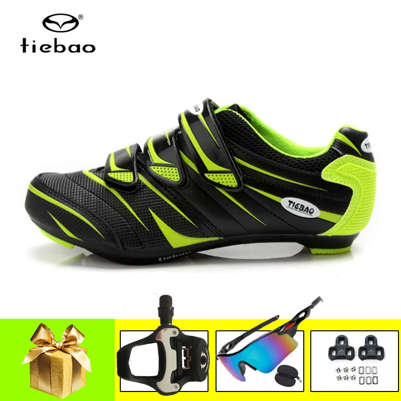 

TIEBAO Green Road Cycling Sneakers Add SPD-SL Pedals Men Sapatilha Ciclismo Self-locking Breathable Bicycle Riding Bicycle Shoes