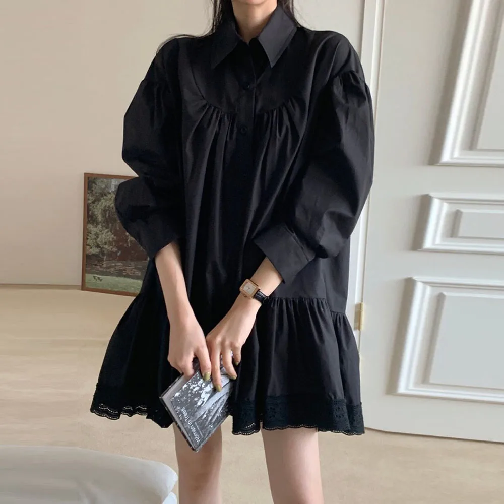 

Fashion Women Dress 2021 Autumn Korean Chic Retro Dark Lace Lapel Stitching Pleated Loose Single-Breasted Ruffled Vestidos