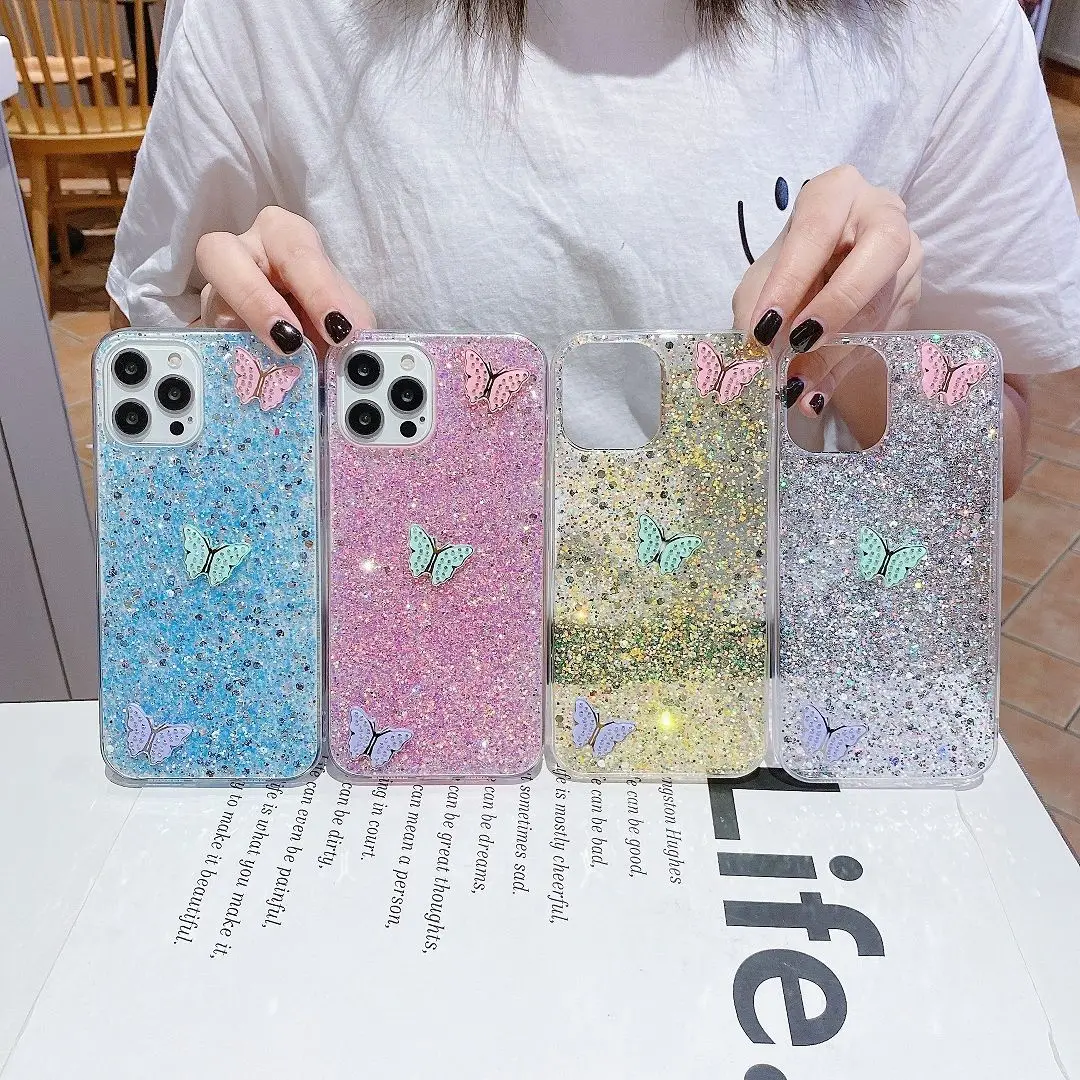 

Fashion 3D Bling Butterfly Female Soft Phone Case For iPhone 12 11 Pro Xs Max Xr X 7 8 Plus SE 2020 Girl Phone Cover Fundas