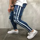 Мужские рваные джинсы на молнии, синие эластичные брюки в стиле хип-хоп с полосками сбоку, 2020