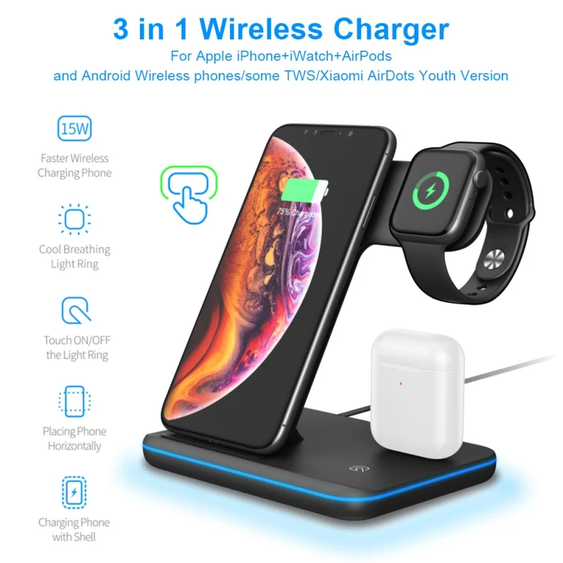 Беспроводное зарядное устройство Qi 3 в 1 для Apple Watch AirPods быстрое iPhone Samsung Huawei P30 Mate 20