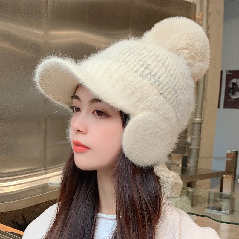 

Winter Knitted Beanies Hats For Women Plus Fleece Warm Skullies Beanies Female Rabbit Fur Bonnet Cap With Pom Pom Earflap Caps
