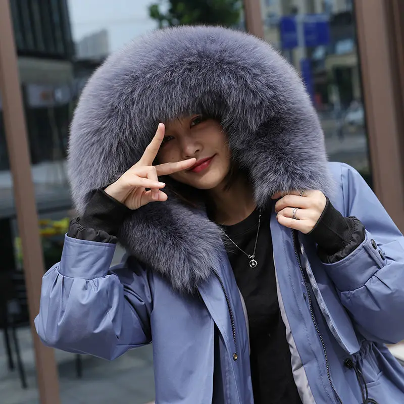 Женская длинная парка с капюшоном зимняя куртка подкладкой из кроличьего меха и