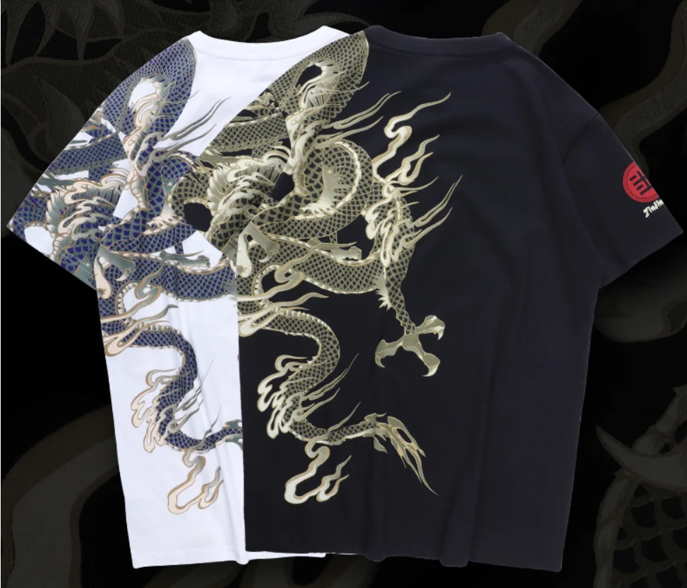 Printing Short Men's Sleeve T-Shirts Japan Style Loose Hip Rock Dragon Tattoo 100% COTTON Tops Tees | Мужская одежда