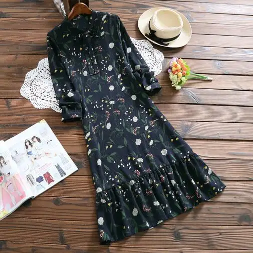 Mori Girl ropa mujer осеннее женское шифоновое платье с круглым вырезом и цветочным