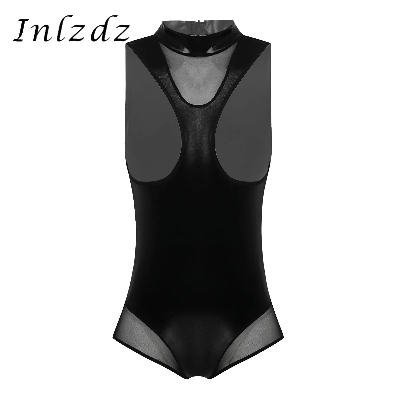

Womens Hot Sexy Lingerie Mesh Patchwork Patent Leather Bodysuit Sexy Nightwear High Neck Open Front Catsuit Leotard Clubwear