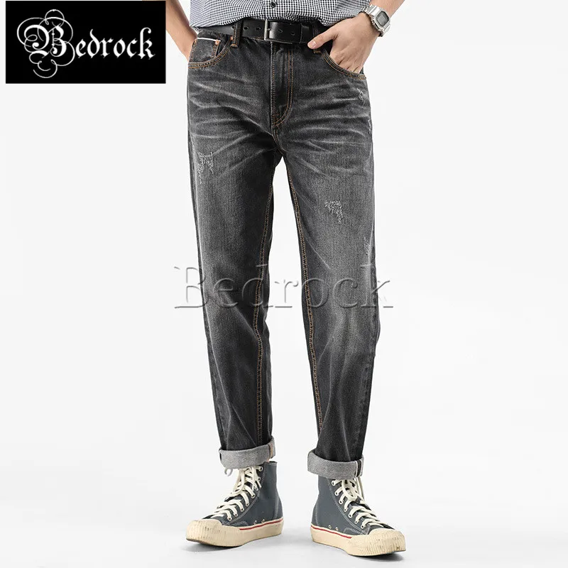 

Мужские рваные джинсы MBBCAR, черные винтажные облегающие укороченные джинсы-карандаш с эффектом потертости, 14 унций, 7301