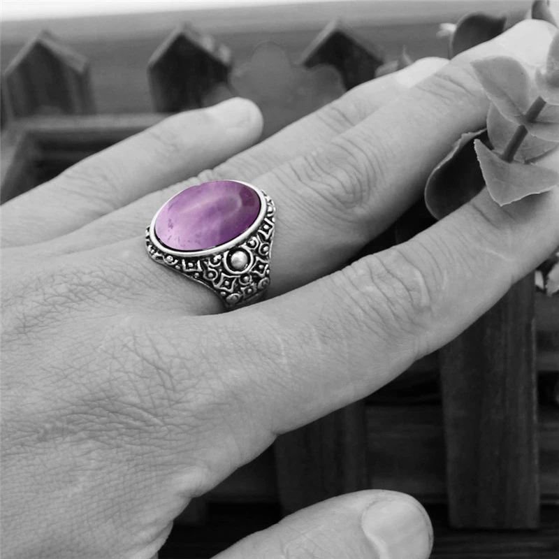 Vintage Oval Amethysts Quartz Jades Rings Antique Silver Plated Natural Stone Tiger Eye Women For | Украшения и аксессуары