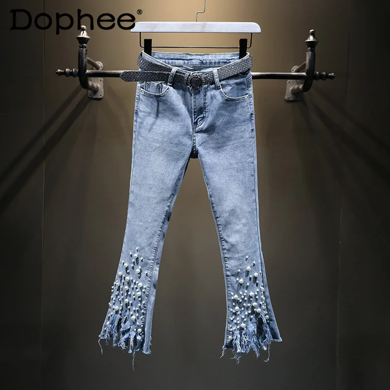 

Irregular Tassel Pearl Flared Jeans for Women 2021 Spring Autumn New High Waisted Stretch Slim Denim Pants Female Long Trousers