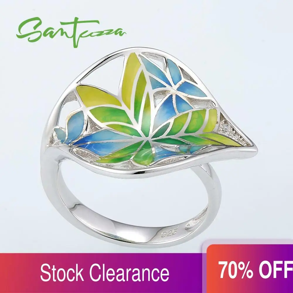 SANTUZZA серебряные кольца для женщин зеленый синий прозрачности эмалевый листочек