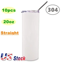 10pcs 20oz sublimation blanks skinny straight tumbler stainless steel water bottle vacuum sport cup diy gift with lid and straw