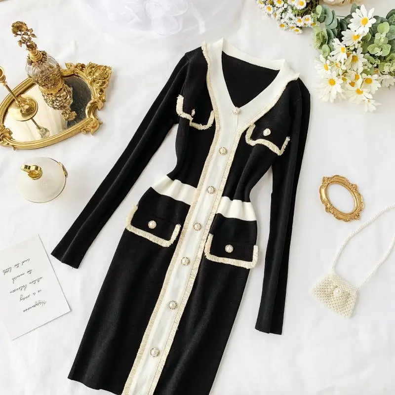 Осень, новинка, Европейский стиль, женское мини платье, элегантное, длинный рукав, белое, черное, вязаное платье, Ретро стиль, пэчворк, платье Vestidos
