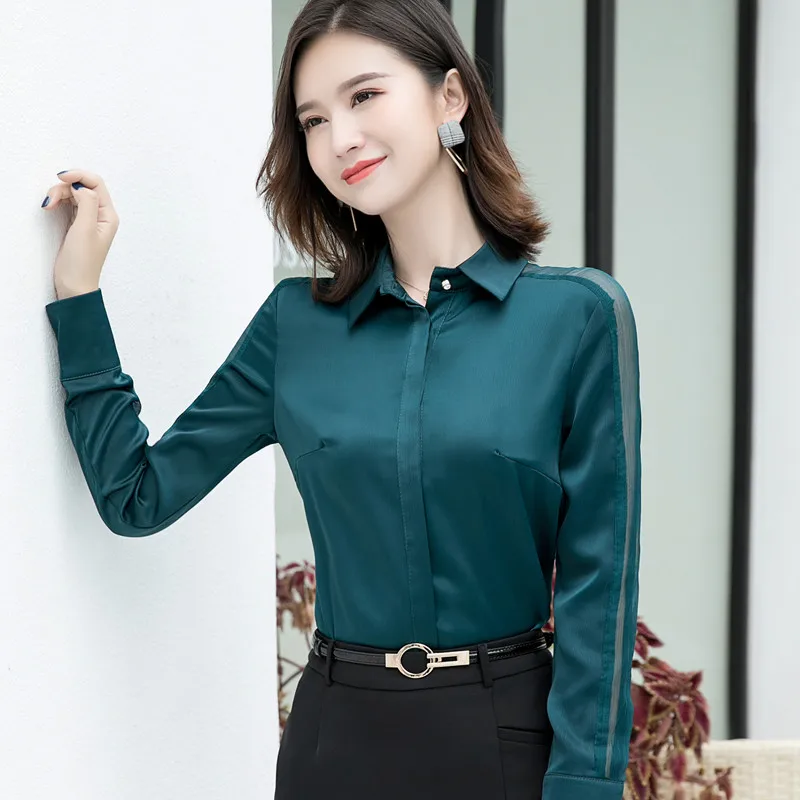 Fashion women shirt Spring autumn New temperament long sleeve formal slim satin blouses office ladies plus size work tops - Цвет: Green
