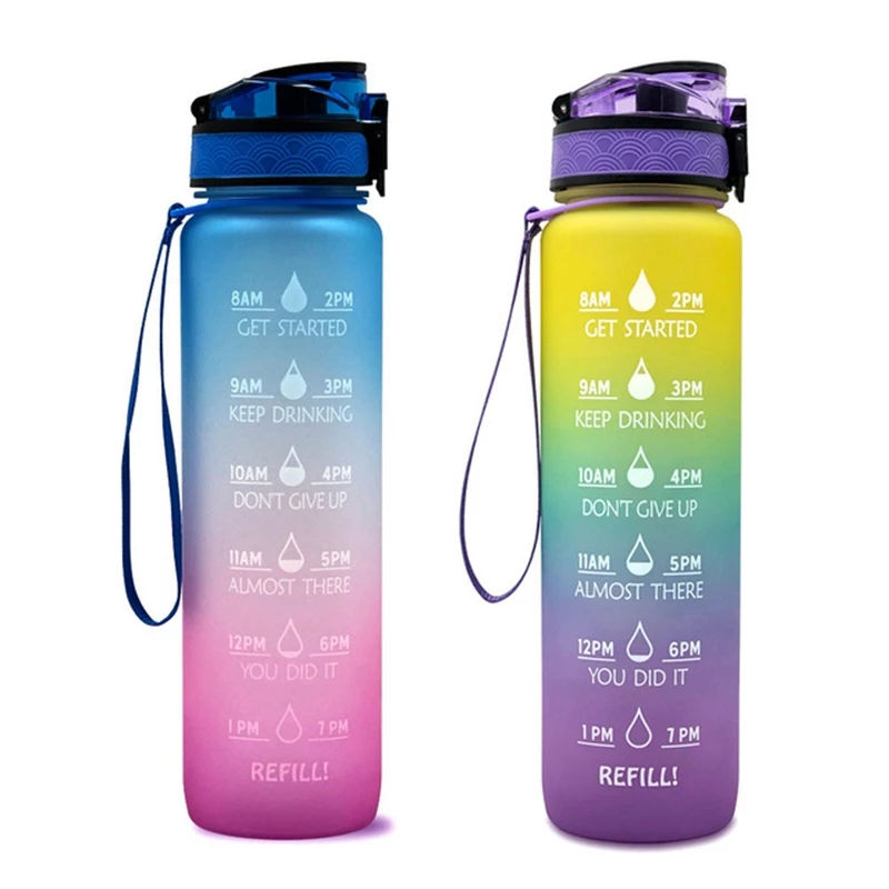 

2PCS 32OZ Leakproof Drinking Water Bottles with Time Marker Straw Sports Gym Bottles Hiking Camping Drink Bottle, 4 & 1