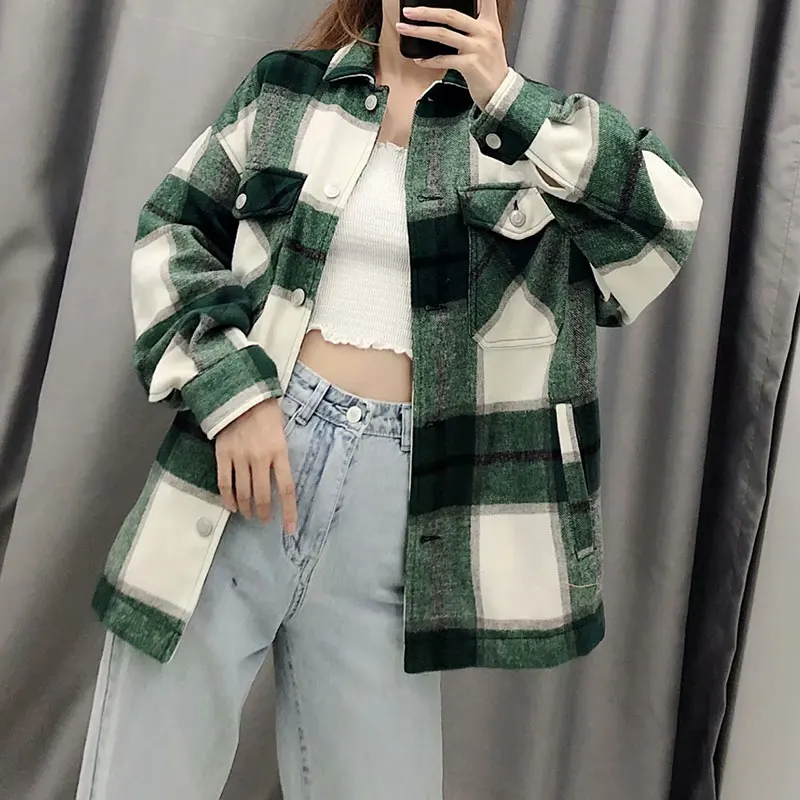 NoEnName_Null зимняя женская зеленая клетчатая Длинная блузка куртка повседневная