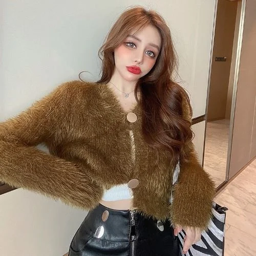 Розовый шикарный мохеровый свитер из норки Женский французский стиль |