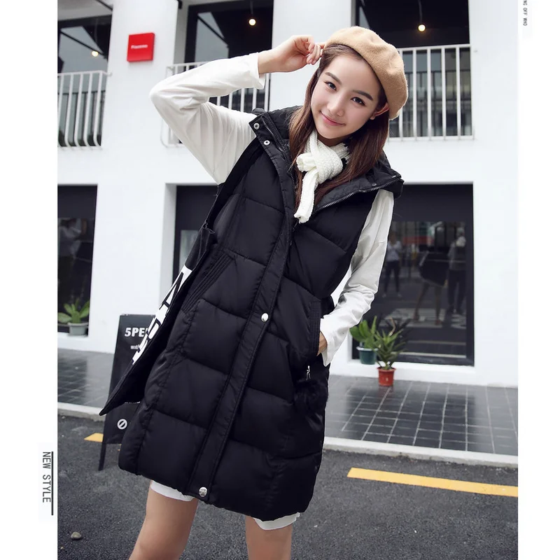 

New Autumn And Winter Cotton Vest Women's Mid-length Hooded Down Cotton Vest Fashion Female Solid Color Casual Loose Jacket