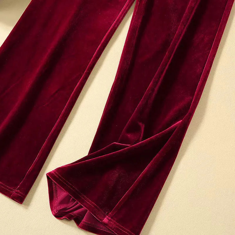 velvet 2 piece set women office work suits business casual women outfits wine red long sleeve deep v neck jacket+ long pants