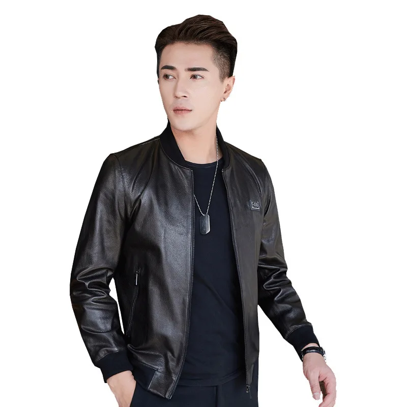 

Goat leather leather male thread mouth collar casual short coat 2018 new